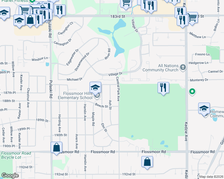 map of restaurants, bars, coffee shops, grocery stores, and more near 713 Ash Street in Flossmoor