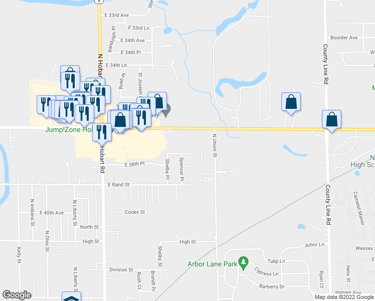map of restaurants, bars, coffee shops, grocery stores, and more near 2130 East 38th Avenue in Hobart