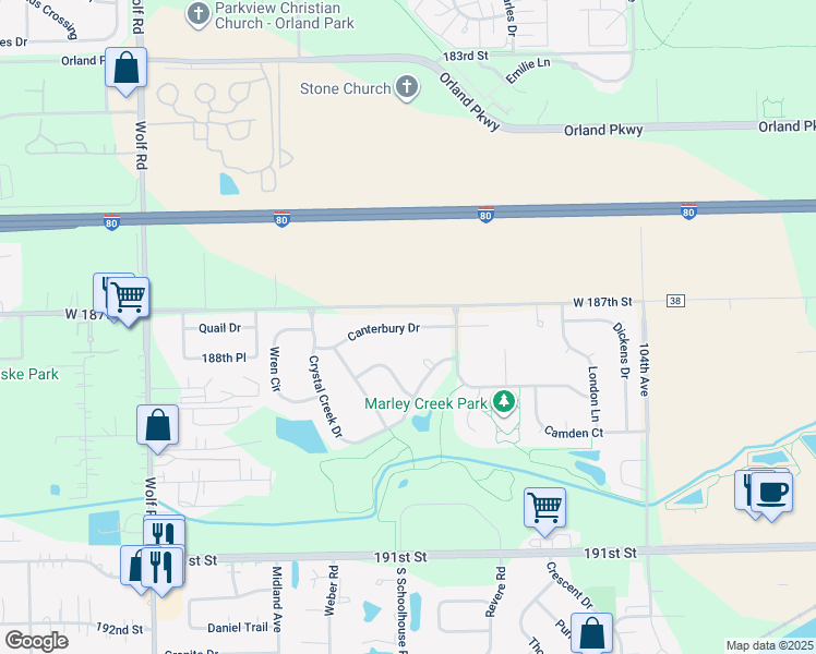 map of restaurants, bars, coffee shops, grocery stores, and more near 10755 Canterbury Drive in Mokena