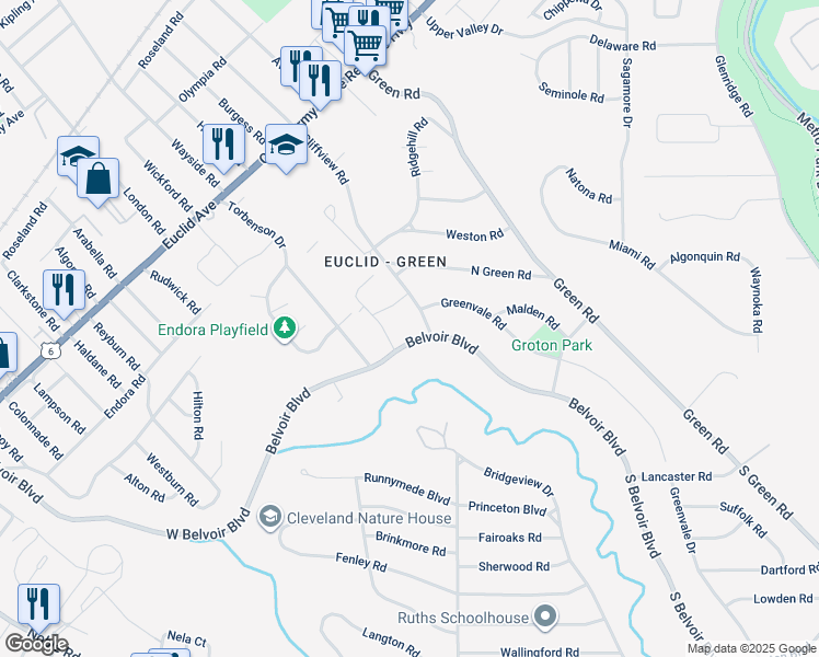 map of restaurants, bars, coffee shops, grocery stores, and more near 2079 Belvoir Boulevard in Cleveland