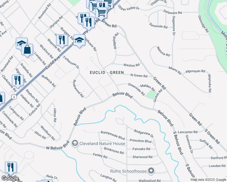 map of restaurants, bars, coffee shops, grocery stores, and more near 2079 Belvoir Boulevard in Cleveland