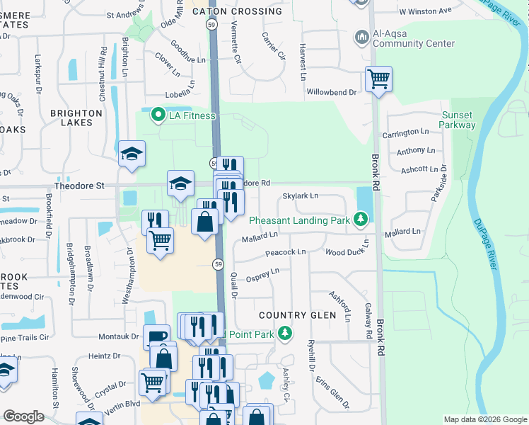 map of restaurants, bars, coffee shops, grocery stores, and more near 1506 Pheasant Landing Drive in Plainfield