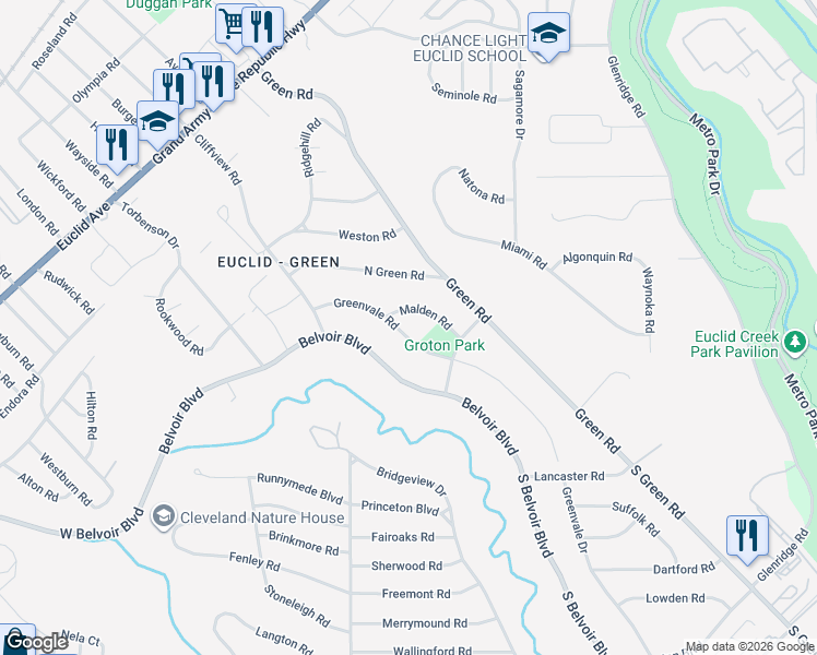 map of restaurants, bars, coffee shops, grocery stores, and more near 2387 Malden Road in Cleveland
