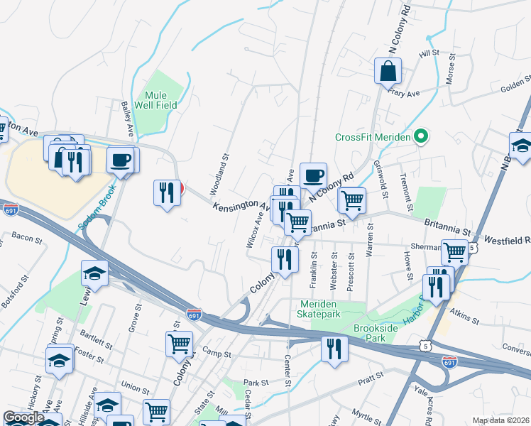map of restaurants, bars, coffee shops, grocery stores, and more near 123 Wilcox Avenue in Meriden