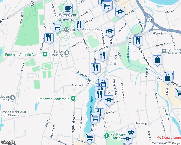 map of restaurants, bars, coffee shops, grocery stores, and more near 48 High Street in Middletown