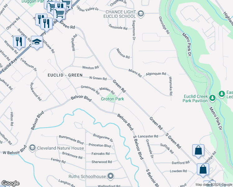 map of restaurants, bars, coffee shops, grocery stores, and more near 2167 Green Road in Cleveland