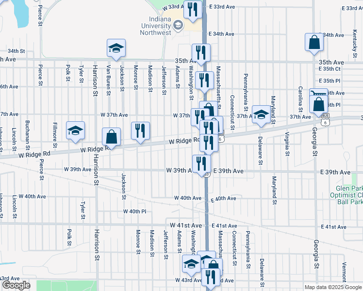 map of restaurants, bars, coffee shops, grocery stores, and more near 3764 Adams Street in Gary