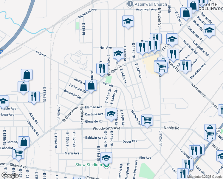 map of restaurants, bars, coffee shops, grocery stores, and more near 1077 East 143rd Street in Cleveland