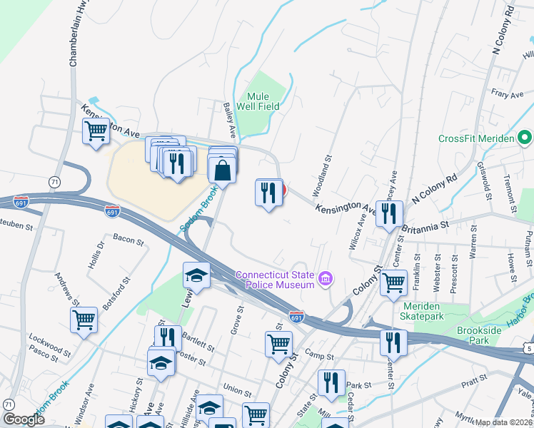 map of restaurants, bars, coffee shops, grocery stores, and more near 435 Lewis Avenue in Meriden