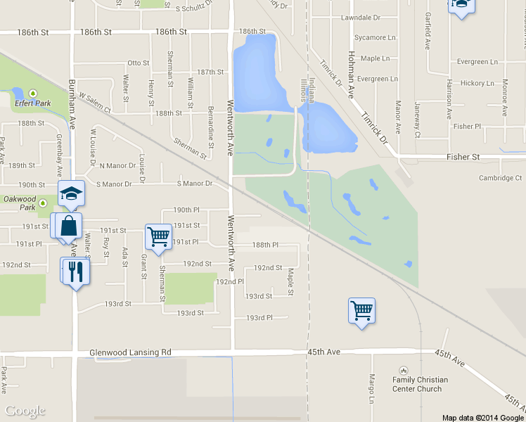 map of restaurants, bars, coffee shops, grocery stores, and more near 19043 Wentworth Avenue in Lansing
