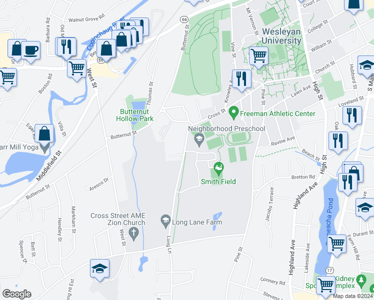 map of restaurants, bars, coffee shops, grocery stores, and more near 33 Long Lane in Middletown