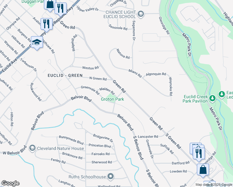 map of restaurants, bars, coffee shops, grocery stores, and more near 2167 Green Road in Cleveland