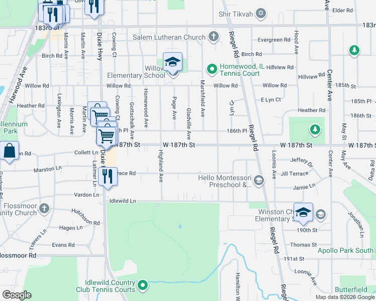 map of restaurants, bars, coffee shops, grocery stores, and more near 1718 West 187th Street in Homewood