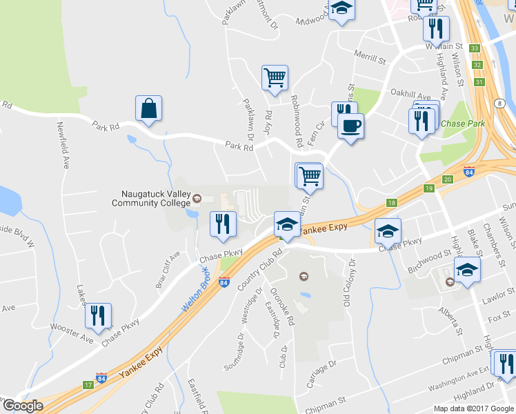 map of restaurants, bars, coffee shops, grocery stores, and more near 1460 West Main Street in Waterbury