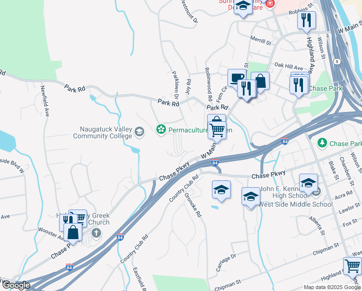map of restaurants, bars, coffee shops, grocery stores, and more near 1460 West Main Street in Waterbury
