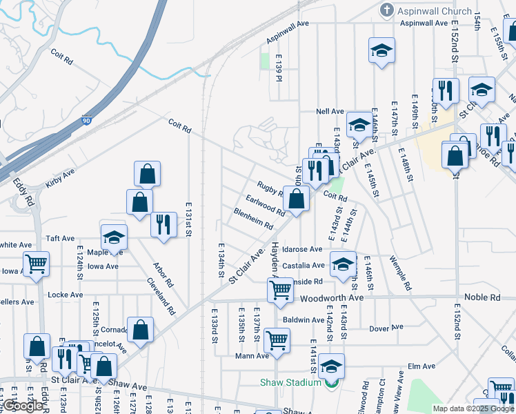 map of restaurants, bars, coffee shops, grocery stores, and more near 13603 Earlwood Road in Cleveland