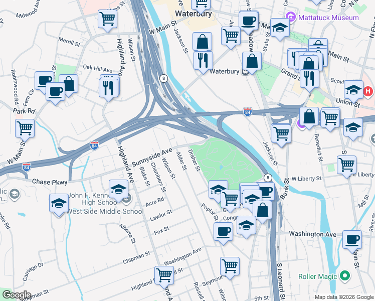 map of restaurants, bars, coffee shops, grocery stores, and more near 70 Sunnyside Avenue in Waterbury