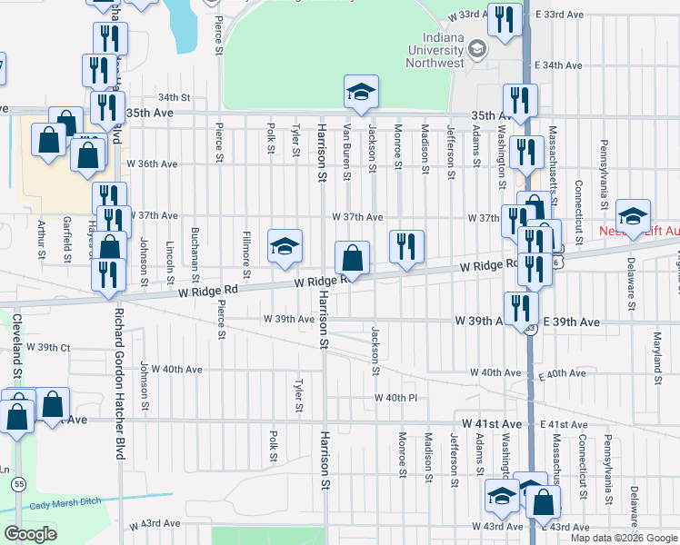 map of restaurants, bars, coffee shops, grocery stores, and more near 3772 Van Buren Street in Gary