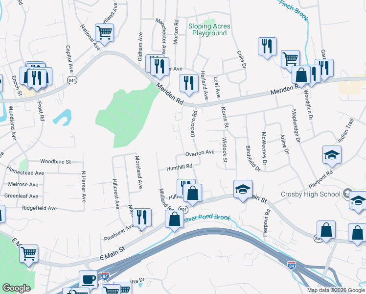 map of restaurants, bars, coffee shops, grocery stores, and more near 32 Stonewall Lane in Waterbury