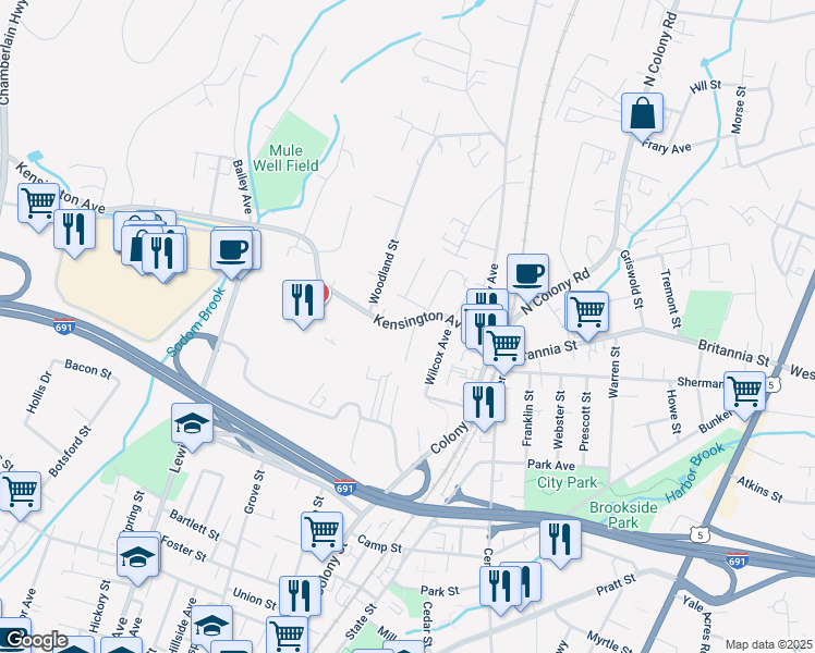 map of restaurants, bars, coffee shops, grocery stores, and more near 85 Kensington Avenue in Meriden