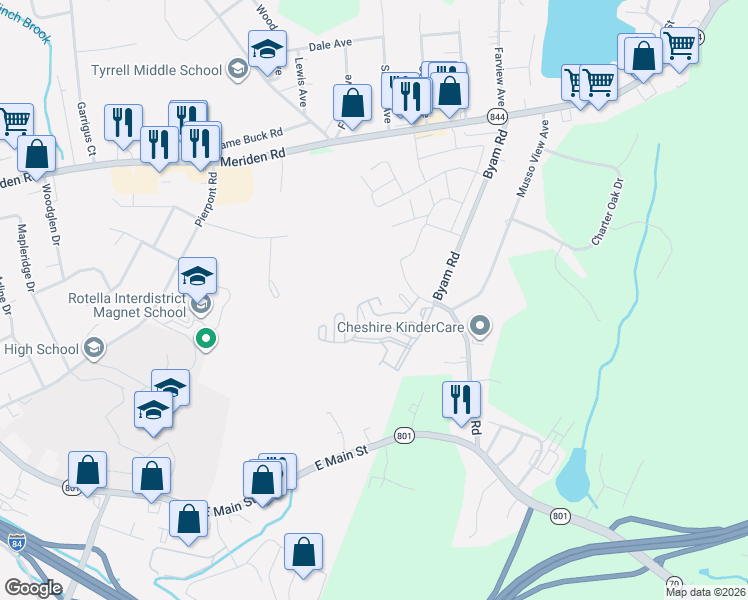 map of restaurants, bars, coffee shops, grocery stores, and more near 380 Hitchcock Road in Waterbury