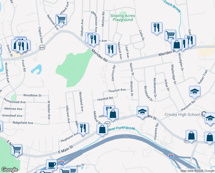 map of restaurants, bars, coffee shops, grocery stores, and more near 32 Stonewall Lane in Waterbury