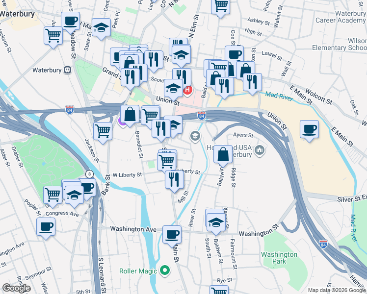 map of restaurants, bars, coffee shops, grocery stores, and more near 250 Mill Street in Waterbury