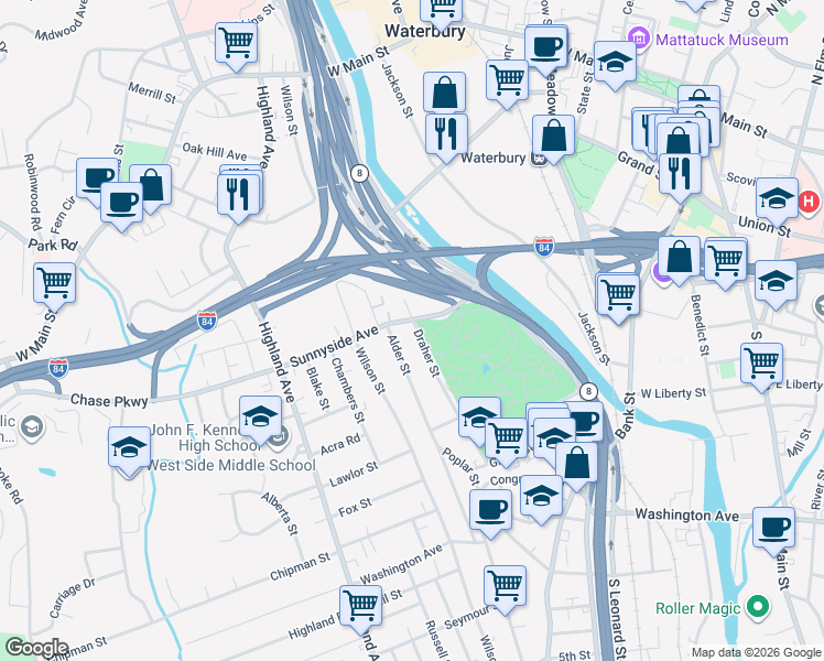 map of restaurants, bars, coffee shops, grocery stores, and more near 70 Sunnyside Avenue in Waterbury