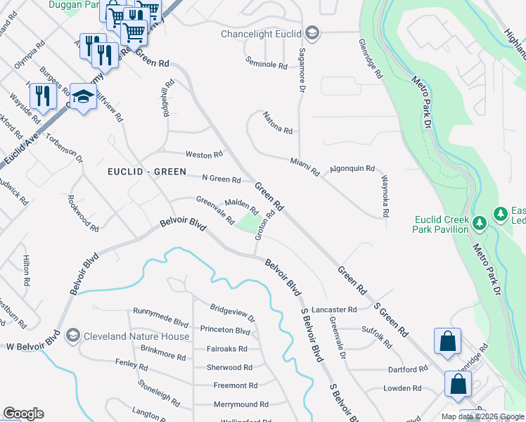 map of restaurants, bars, coffee shops, grocery stores, and more near 2167 Green Road in Cleveland