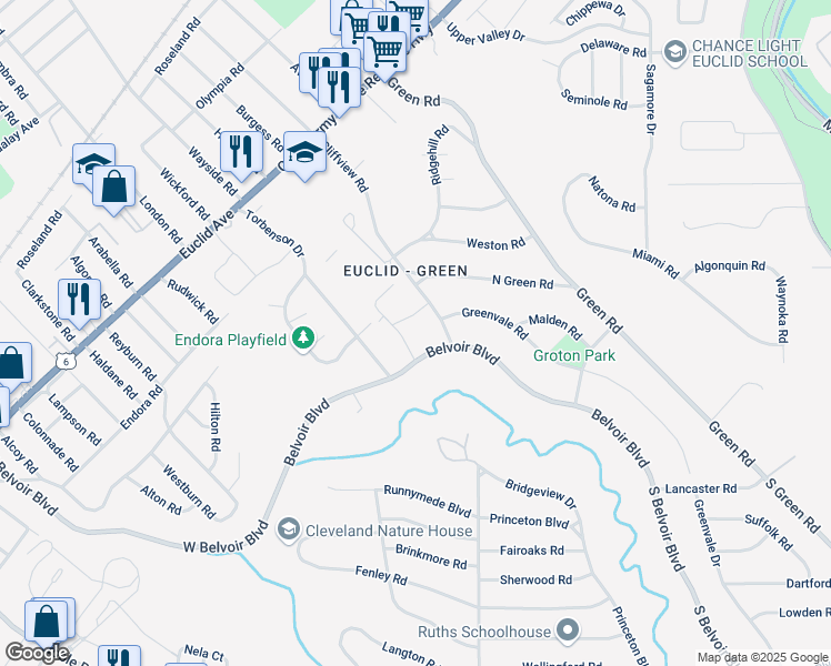 map of restaurants, bars, coffee shops, grocery stores, and more near 2024 Cliffview Road in Cleveland