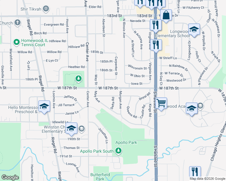 map of restaurants, bars, coffee shops, grocery stores, and more near 1030 West 187th Street in Homewood