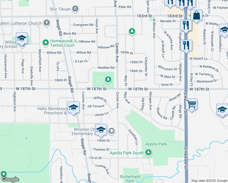 map of restaurants, bars, coffee shops, grocery stores, and more near 18654 Center Avenue in Homewood