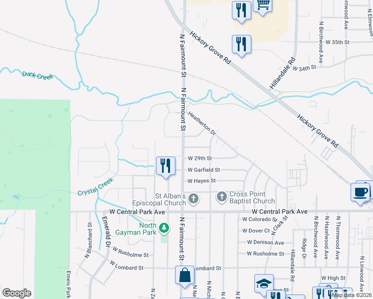 map of restaurants, bars, coffee shops, grocery stores, and more near 3555 West 30th Street in Davenport