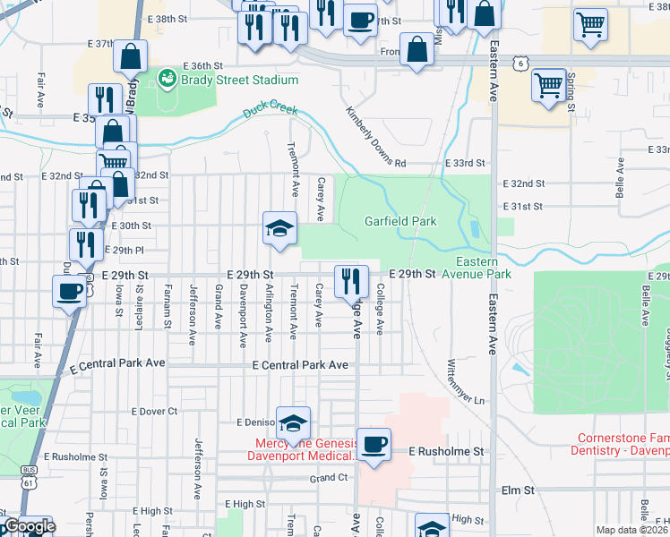 map of restaurants, bars, coffee shops, grocery stores, and more near 1019 East 30th Street in Davenport
