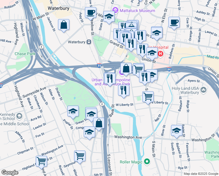map of restaurants, bars, coffee shops, grocery stores, and more near 153 Meadow St in Waterbury