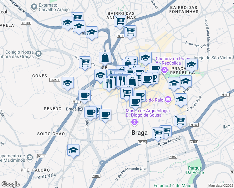 map of restaurants, bars, coffee shops, grocery stores, and more near 4 Rua Visconde de Pindela in Braga