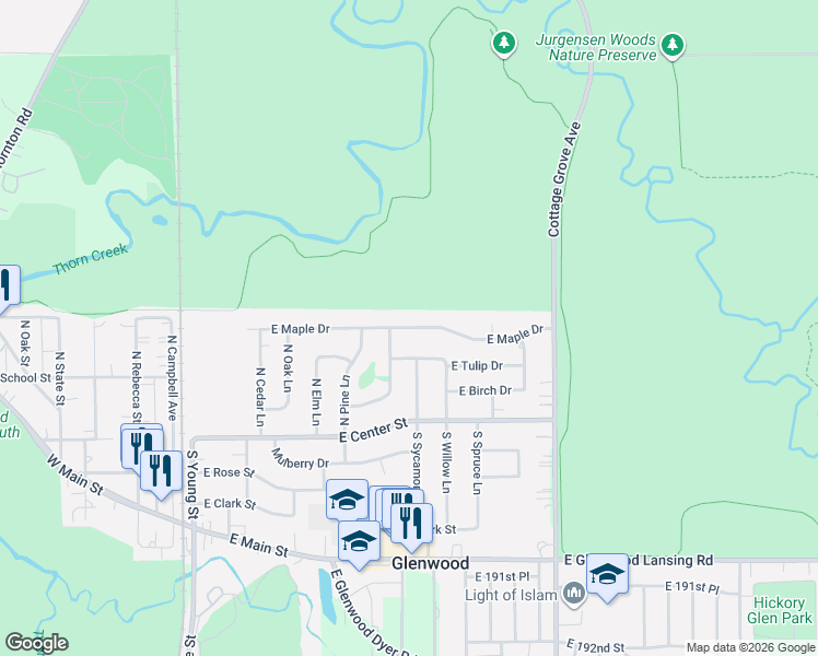 map of restaurants, bars, coffee shops, grocery stores, and more near 330 East Maple Drive in Glenwood