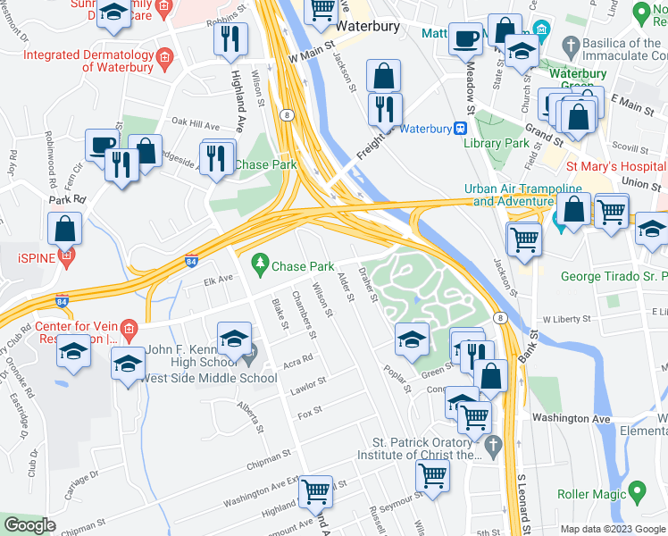 map of restaurants, bars, coffee shops, grocery stores, and more near 97 Sunnyside Avenue in Waterbury