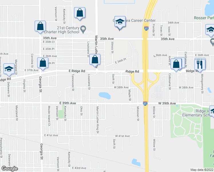 map of restaurants, bars, coffee shops, grocery stores, and more near 3799 Mississippi Street in Hobart