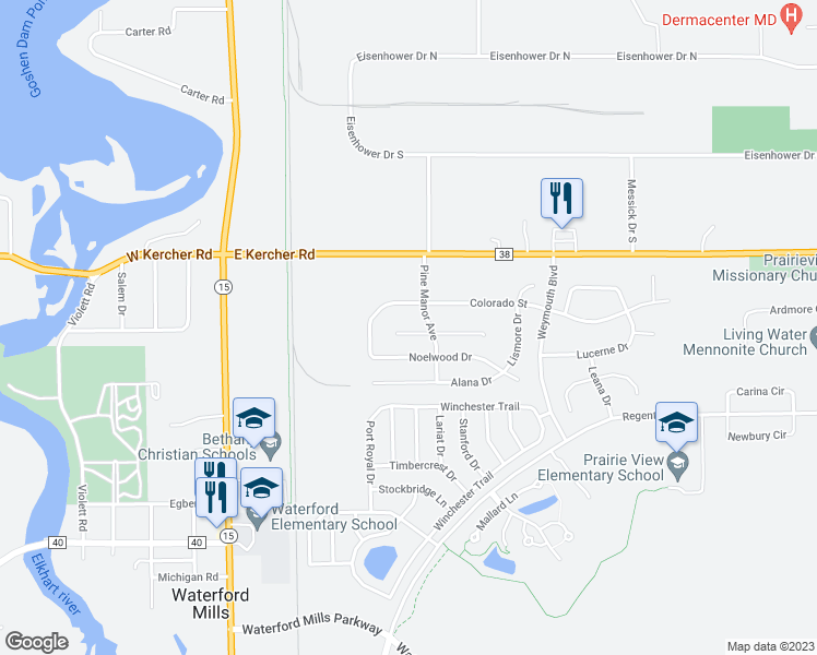 map of restaurants, bars, coffee shops, grocery stores, and more near 509 Bayberry Drive in Goshen