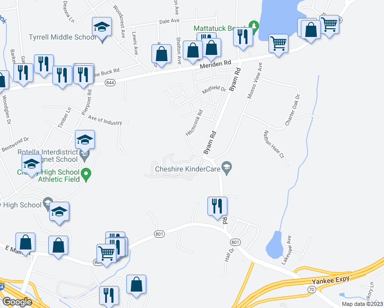 map of restaurants, bars, coffee shops, grocery stores, and more near 357 Hitchcock Road in Waterbury