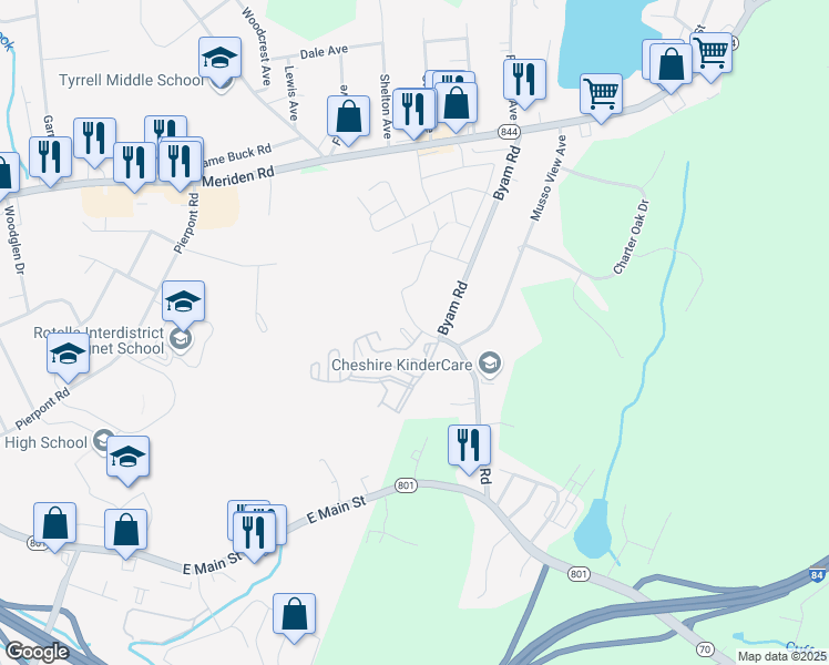 map of restaurants, bars, coffee shops, grocery stores, and more near 380 Hitchcock Road in Waterbury