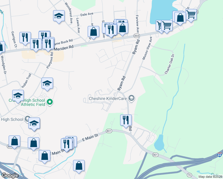 map of restaurants, bars, coffee shops, grocery stores, and more near 357 Hitchcock Road in Waterbury