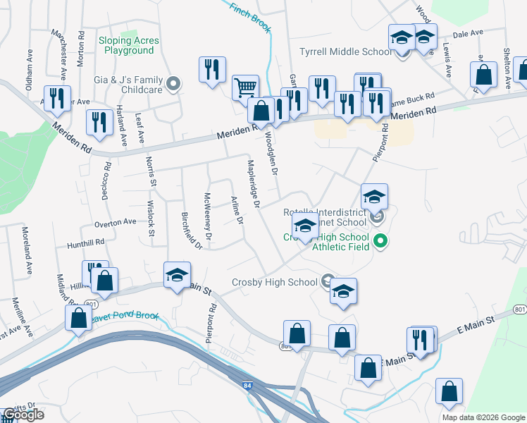 map of restaurants, bars, coffee shops, grocery stores, and more near 2 Bentwood Drive in Waterbury