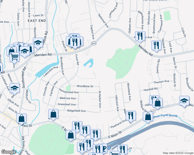 map of restaurants, bars, coffee shops, grocery stores, and more near 128 Cedar Avenue in Waterbury