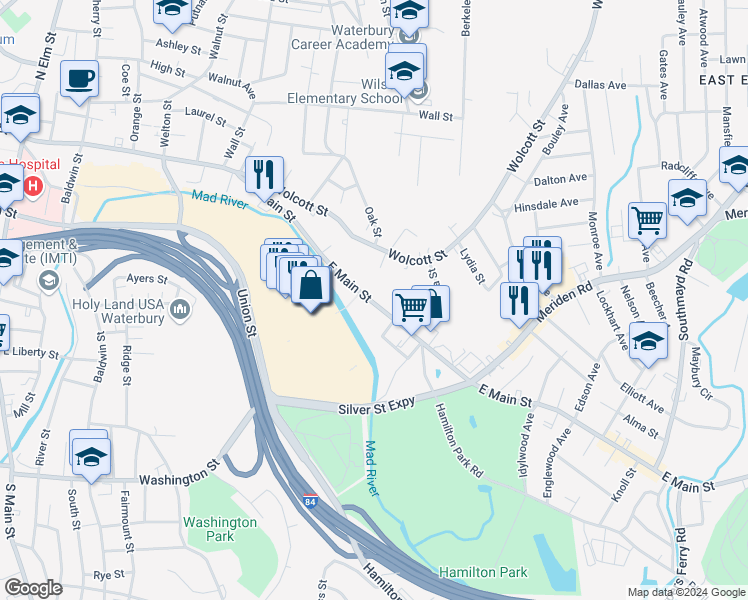 map of restaurants, bars, coffee shops, grocery stores, and more near 1161 East Main Street in Waterbury