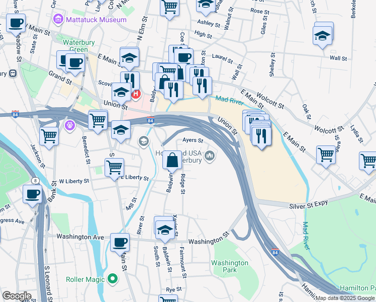 map of restaurants, bars, coffee shops, grocery stores, and more near 18 Brennan Place in Waterbury