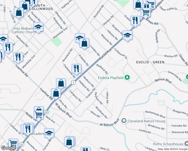 map of restaurants, bars, coffee shops, grocery stores, and more near 1819 Grantham Road in Cleveland