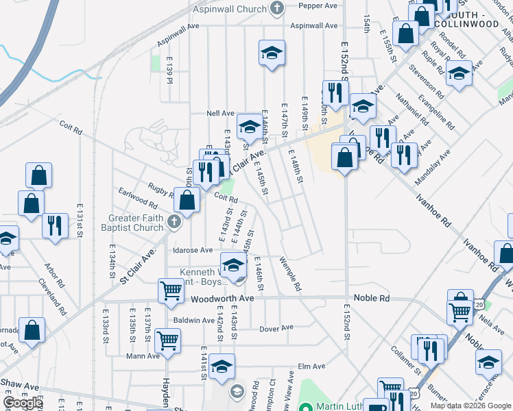 map of restaurants, bars, coffee shops, grocery stores, and more near 1064 East 145th Street in Cleveland