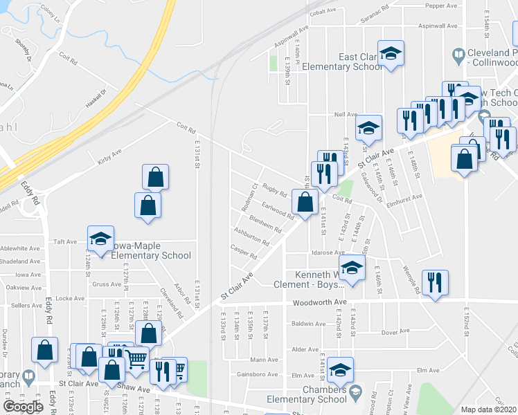 map of restaurants, bars, coffee shops, grocery stores, and more near 13603 Earlwood Road in Cleveland